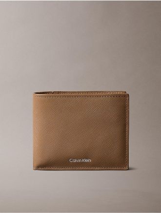 Calvin Klein Mens Saffiano Leather Card Case Bifold Wallet - Brown