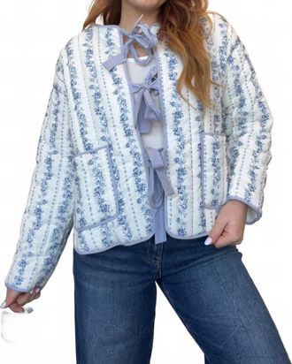 Peach Love California Floral Quilted Bow Jacket In Blue