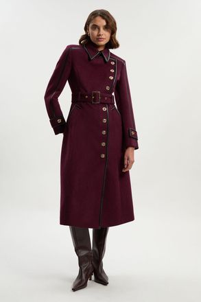 Karen Millen Womens Brushed Wool Pu Mix Gold Trim Belted Midi Coat - Burgundy - Size 14 UK
