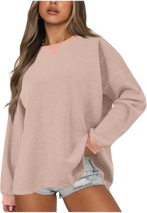 Generic Women Autumn And Winter Casual Loose Round Neck Splicing Long Sleeve Hoodless Sweatshirt Sports Pullover Top Yoga Pants (XXL) Pink