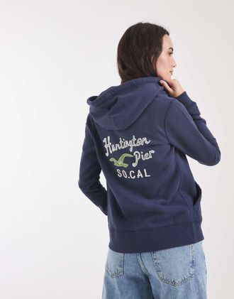 Hollister felpa con cappuccio aderente con zip e logo heritage navy-blu navy