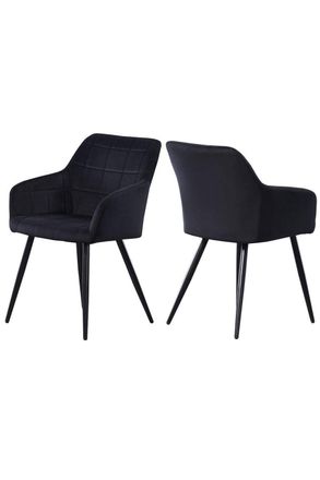 Life Interiors Set of 2 Camden Modern Velvet Dining Chairs with Armrests, Quilted Design & Black Metal Legs