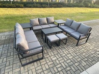 Fimous Aluminium 11 Seater Outdoor Garden Furniture Set Lounge Sofa Oblong Coffee Table 2 PC Small Footstools Sets with Cushions Dark Grey