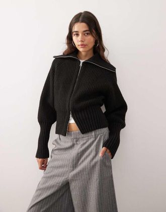Weekday Cardigan nero in maglia a coste con zip