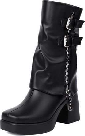 Generic Womens Mid-Calf Slouchy Boots Faux Leather Double Buckle Strap Side Zipper Chunky Block Heel Platform Stylish Evening Party Daily Casual Fashion Footw