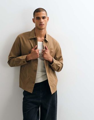 Lacoste camicia giacca in twill di misto cotone color cammello-Marrone