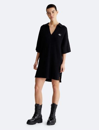 Calvin Klein Jeans Calvin Klein Womens Ribbed Open Collar Sweater Dress - Black - XS