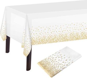 OEM Mantel De Lunares Blancos Y Dorados, 137 X 274 Cm, Mantel Rectangular De Pl&aacute;stico Para Decoraci&oacute;n De Mesas De Cumplea&ntilde;os, Blanco Y Dorado