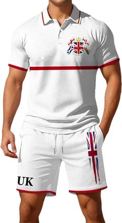 Generic Mens Union Jack Shorts and Shirt Sets Button Down Collared Short Sleeve Golf Shirts Bunting Flags Print Great Britain 2 Piece Ve Day Outfits Activewea