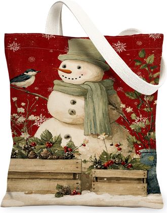 Generic Winter Snow Man Canvas Tote Bags, Vintage Holiday Decor Lightweight Washable Grocery Bags, Rustic Floral Design Reusable for Travel Picnic 13x15 Inch
