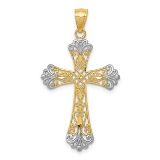 Diamond2Deal 14k Yellow Gold Rhodium Diamond-cut Cross Pendant