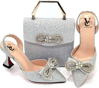 Generic Crystal Bow Heels Shoe and Matching Handbag Set, Rainbow/Pink/Gold Glitter, Rhinestone Embellished (Silver, UK Footwear Size System, Adult, Women, Num