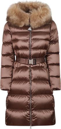 Moncler Leersies Lange Donsjas - Dames - Mantels - Beige - Maat: L Leer