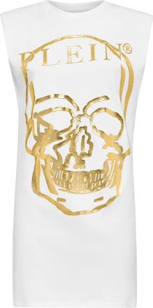 Philipp Plein Mouwloze Korte Jurk Skull And Plein Met Kristallen - Dames - Korte kleedjes - Wit - M - Katoen - Kleedjes