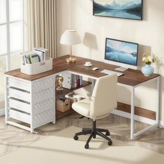 OEM Professioneller L-f&ouml;rmiger Eckschreibtisch 150 X 110 X 75 Cm, 4 Schubladen, Industrie-metallgestell In Wei&szlig;, Ergonomisch F&uuml;rs Homeoffice