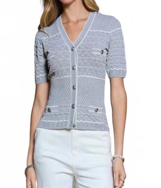 Current Air Striped Vneck Button Top In Gray, White