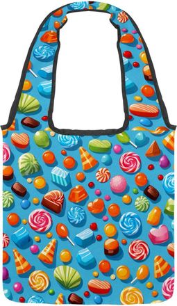 Generic Blue Candy Pattern Reversible Canvas Shoulder Tote - Double-Sided Print, 12oz Cotton, 27cm Drop, Fold-Flat Bag for Travel, Shopping, Street Outings