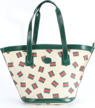 Gucci Sherry Line Green Off-White Leather Canvas Tote Bag (Pre-Owned)