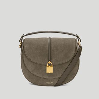 DeMellier The Siena Saddle in Deep Olive Suede & Deep Olive Small Grain Leather Crossbody bag