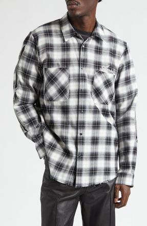 Amiri Bones Appliqu&eacute; Flannel Overshirt in Black at Nordstrom, Size Xx-Large