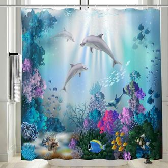 OEM Cortina De Ducha De Tela De 180 X 200 Cm Con Estampado De Delfines, Resistente Al Moho, Impresi&oacute;n 3d En Azul Marino, Poli&eacute;ster Impermeable - Crezuo