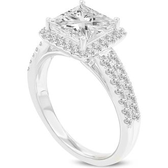 LuvMyJewelry Violeta 14K White Gold Princess Cut Lab Grown Diamond Halo Engagement Ring - 2.6 Ct at Nordstrom, Size 7