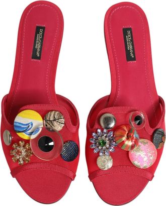 Dolce & Gabbana Womens Red Embellished Flats Slip On Sandals Shoes Pa+vi