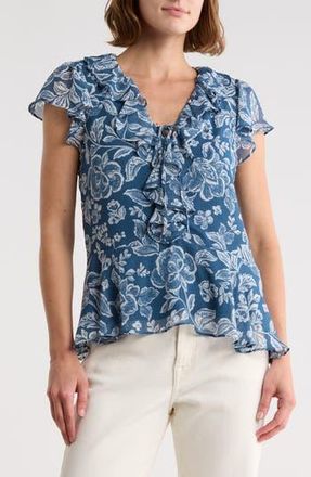 CeCe by Cynthia Steffe Floral Flutter Sleeve Ruffle Peplum Top in Denim/Multi at Nordstrom Rack, Size Small
