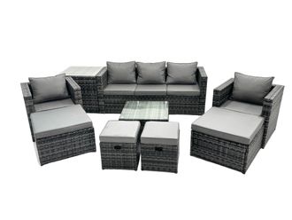 Fimous 9 Seater Patio Lounge Sofa Set with Side Table 4 Footstool in Dark Grey