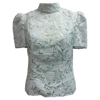 Zimmermann Natura High-Neck Lace Blouse in Mint Green Polyester
