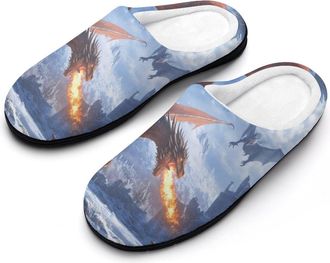 Generic Ice-Covered Knights Dragon Breathing Fire Slippers Men Winter Warm Cotton Anti-Slip Indoor Slip-Ons House Shoes