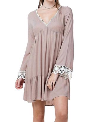 Greek Archaic Kori Bell Sleeve Lace Dress In Taupe