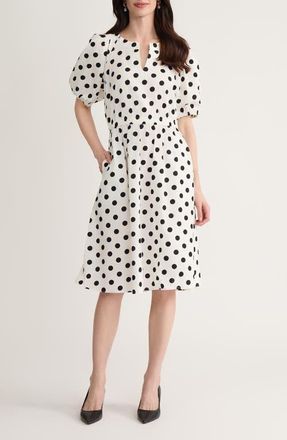 Kasper Polka Dot Puff Sleeve Stretch Cotton Dress in Lily White/Black at Nordstrom, Size 12