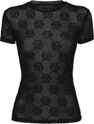 Philipp Plein Tulle T-shirt Ronde Hals SS Monogram - Dames - T-shirts - Zwart - M - Polyester - Tops