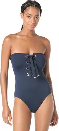 Michael Kors Grommet Solids Bandeau Lace Up One-Piece Swimsuit in New Navy at Nordstrom, Size 14
