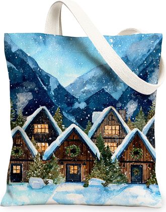 Generic Winter Cabin Canvas Tote Bags, Rustic House Design Reusable Grocery Bags, Holiday Vintage Lightweight Washable Shoulder Str, Blue, 13x15 Inch