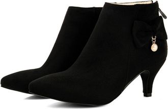 Generic Womens Pointed Toe Faux Suede Ankle Boots with Side Bow and Pearl Charm Detail,Elegant Style,Black,7.5 UK