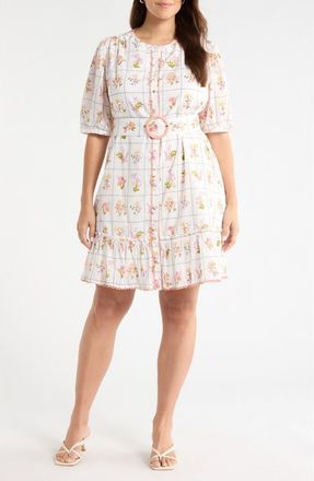 Sugarlips Diane Floral Redna Belted Cotton Button-Up Minidress in Coral-Multi at Nordstrom, Size 2X