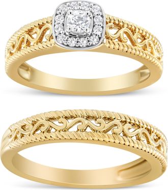 House of Brilliance 14K Yellow Gold Plated.925 Sterling Silver 1/5 Cttw Diamond Halo and Milgrain Finish Engagement Ring Bridal Set