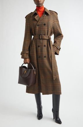 Saint Laurent Prince of Wales Wool Trench Coat in Marron/Beige/Roux at Nordstrom, Size 10 Us