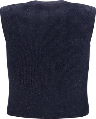 Brunello Cucinelli Womens Sleeveless Metallic Knit Cardigan Cold Blue Cashmere Blazers Jacket
