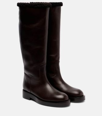 PARIS TEXAS Shearling-trimmed leather knee-high boots