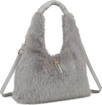 Generic Faux Fur Hobo Shoulder Bag, Plush Fluffy Handbag with Adjustable Straps, Casual Fashion Tote for Women (Grey)