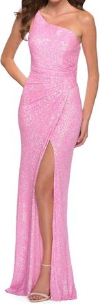 La Femme One-Shoulder Evening Dress In Neon Pink