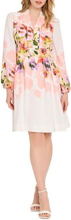 Tahari by ASL Belted Print Long Sleeve Dress in Ivory Blush at Nordstrom, Size 10
