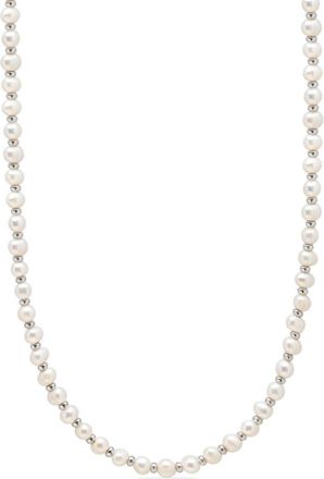 Nialaya logo-plaque freshwater pearl necklace - men - Freshwater Pearl/stainless steel - 20 - Neutrals