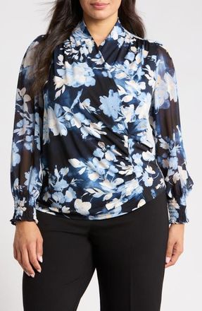 Anne Klein Floral Mixed Media Faux Wrap Blouse in Dutch Blue Multi at Nordstrom, Size 3X