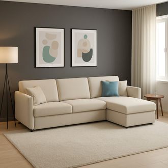 Dmora Sof&aacute; Fijo Con Chaise Longue Posina, Desenfundable, Reversible Made In Italy, Hidr&oacute;fugo Multiposici&oacute;n, 260x160 Cm Beige