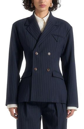Mani&egrave;re De Voir Maia Pinstripe Double Breasted Blazer in Navy at Nordstrom, Size 12