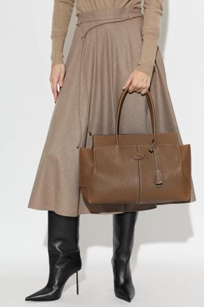 Tod's Leather Tote Bag With Logo, Womens, Brown